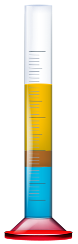 Graduated cylinder at the conclusion of a demulsibility test showing the oil and water separated by a layer of emulsion.