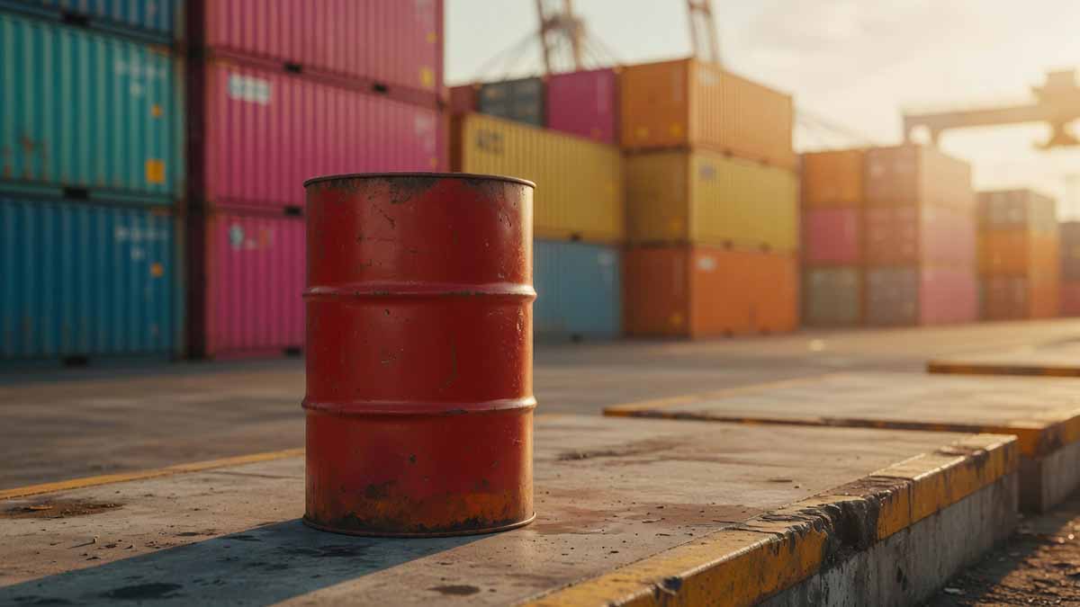 Oil barrel on dock with shipping containers in background
