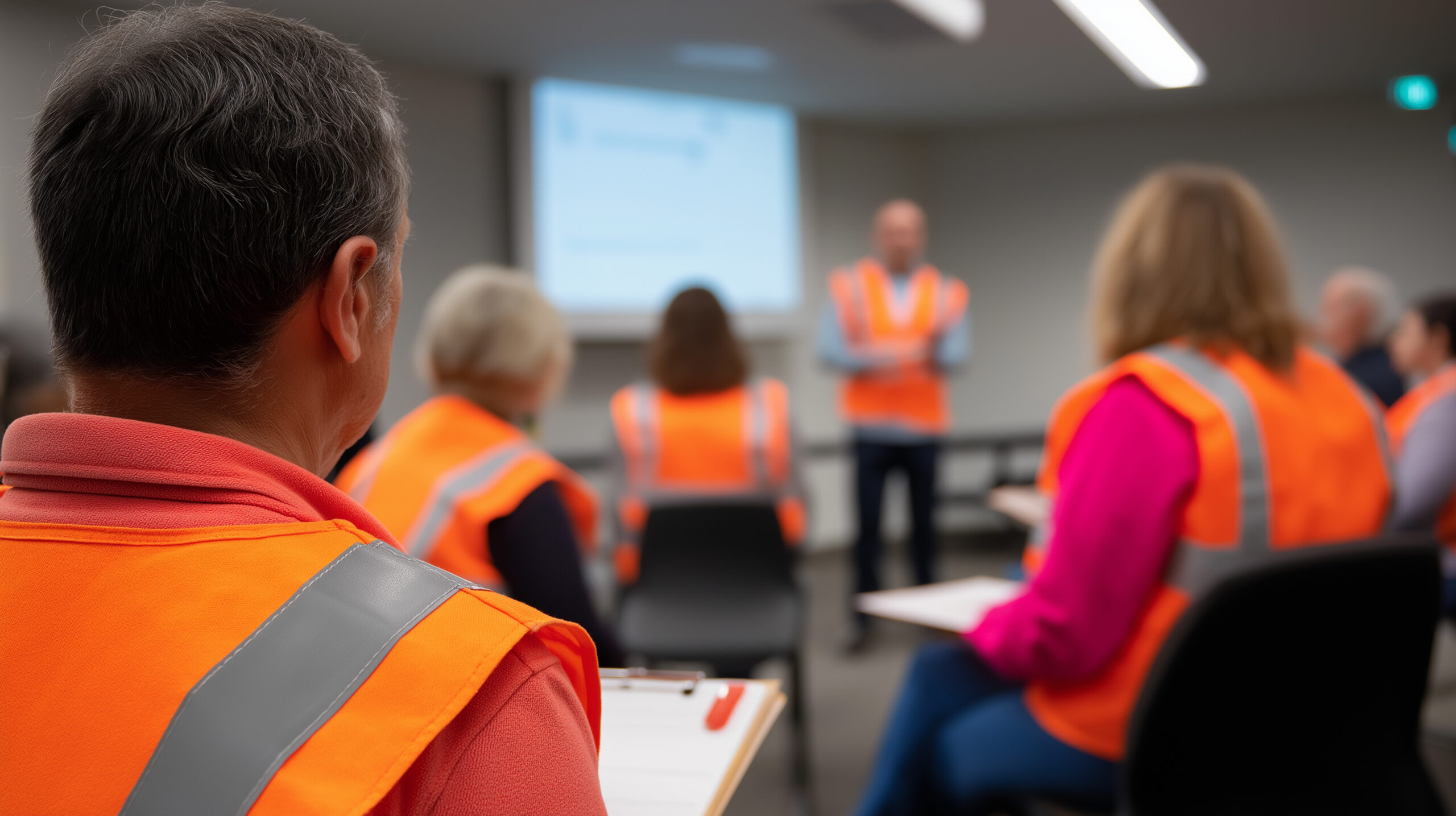 STLI training session Group of workers wearing orange safety vests attending a training session or safety presentation in an industrial setting