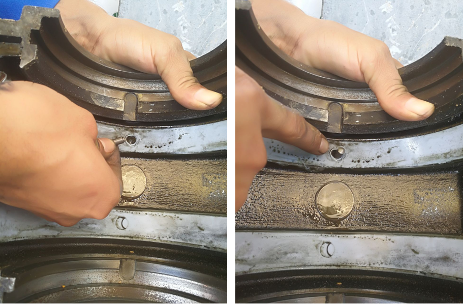Side-by-side close-up views of the damaged oil ring locator pin, showing deformation and wear caused by abnormal lateral forces from an unstable oil ring