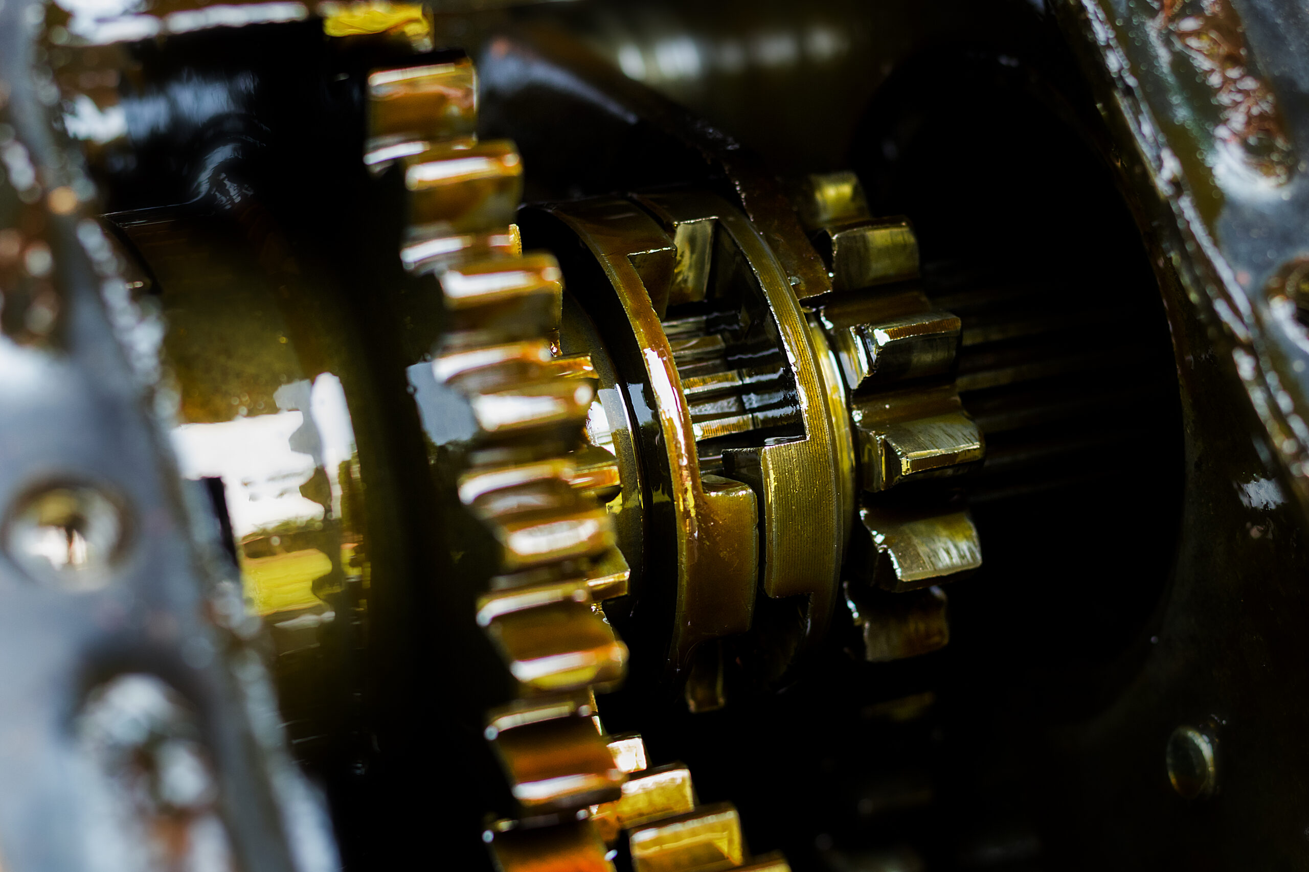 Close-up of industrial gear teeth coated in amber grease lubricant showing in-service lubrication condition