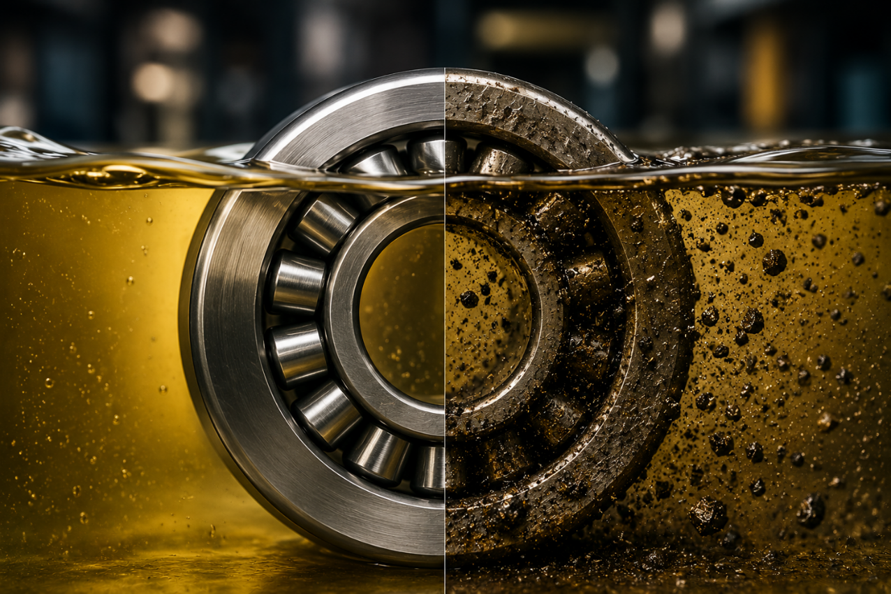 Microscopic particles in oil invisible to the human eye compared to machine clearances.